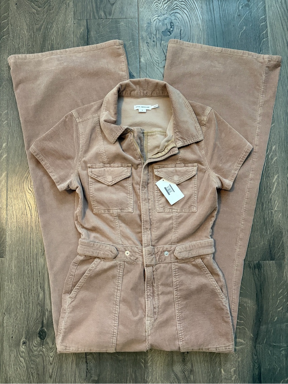 Good American Corduroy Palazzo Jumpsuit in Beige